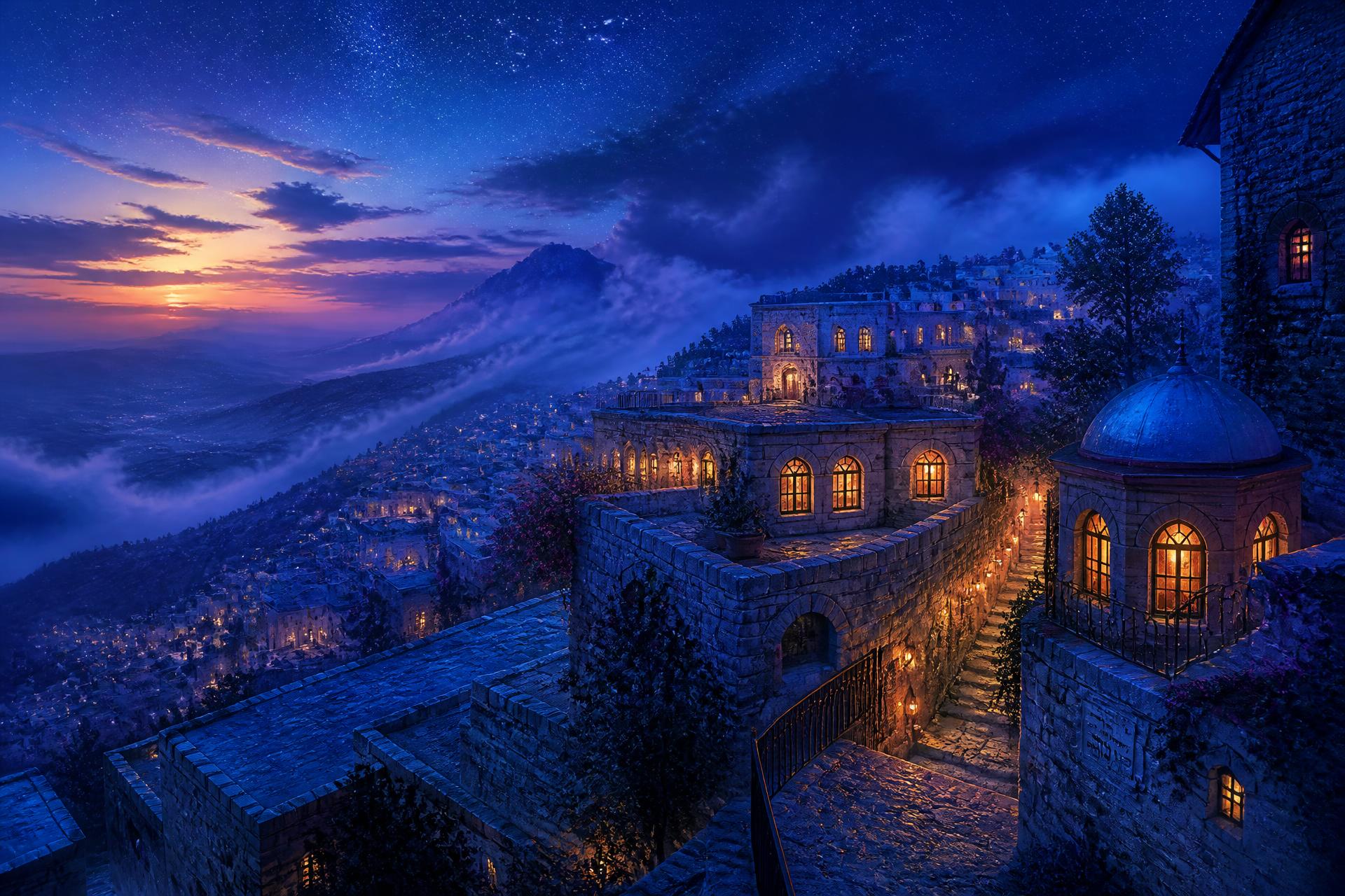 Tsfat at twilight — the mystical city of Safed glowing in deep indigo